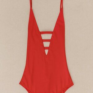 Red low back deep v neck tie up swimsuit